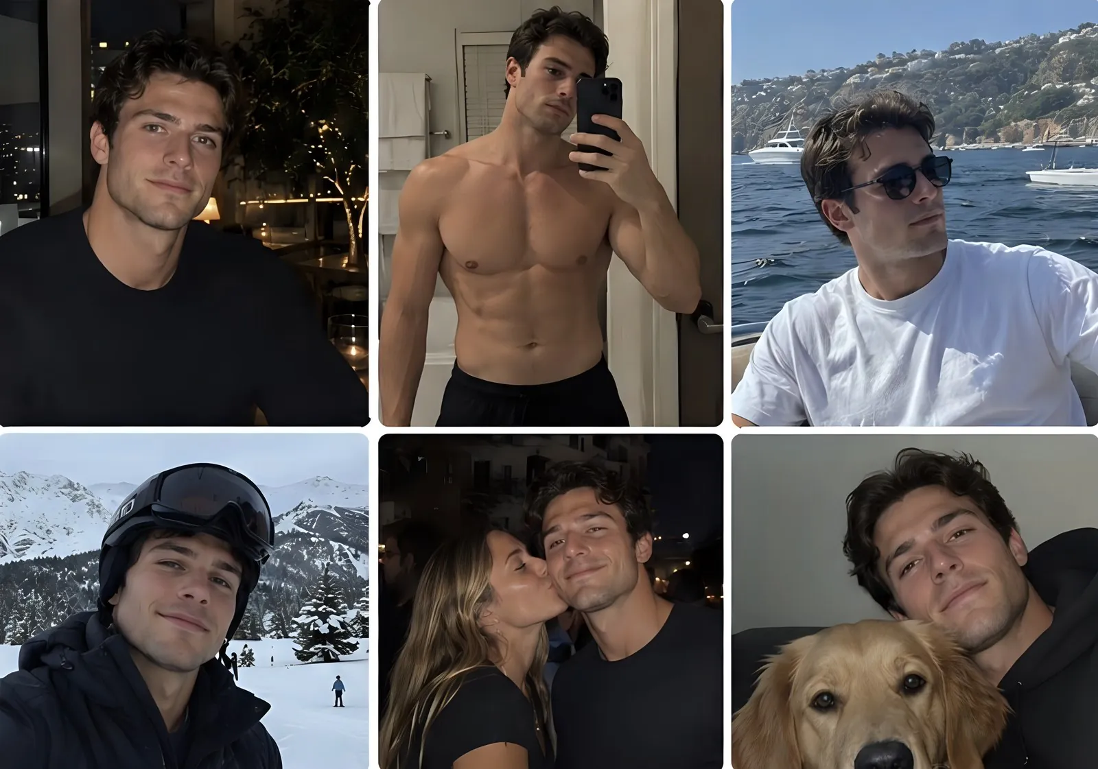 Six Hinge photos of Chad: dinner, mirror selfie, boat, skiing, a kiss from his girlfriend, his dog